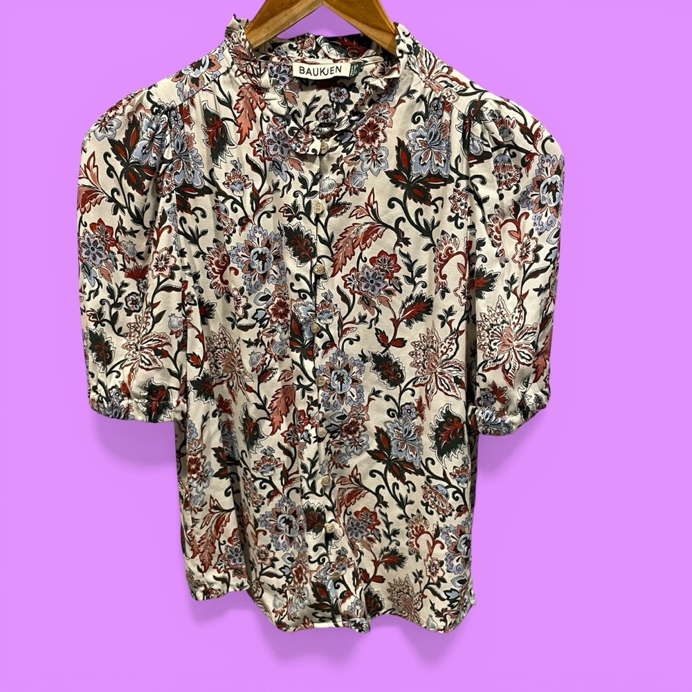 Cute creamy floral boho Baukjen UK ruffle collar puff sleve blouse scandi casual
